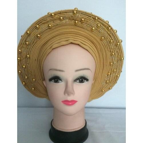 Fashion Women African Aotogele Headtie Aso Oke With Beads And Stones 2020 High Quality Lace Latest Women Head Tie 1piece/lot