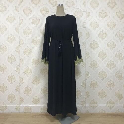 Muslim Turkish Kaftan Abaya Dress Women Embroidery Lace-up Long Robe Trumpet Sleeve Kimono Islamic Clothing Cafan Hijab Dresses