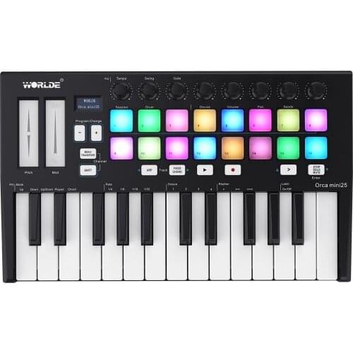WORLDE Orca mini25 Portable 25-Key USB MIDI Keyboard Controller with 16 RGB Backlit Trigger Pads 8 Assignable Control Knobs