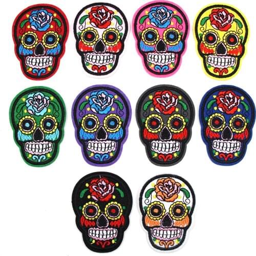 Flower Rose Skull Patches Embroidered Clothing Patches Handcrafted Appliques Sew Biker Patches Skull Badges Stickers For Garment