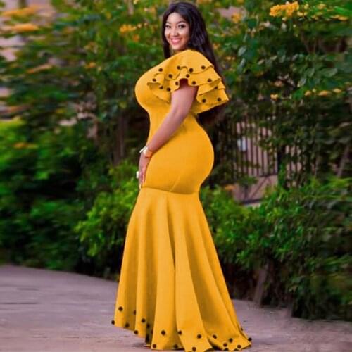 2021 Autumn Elegent African Women Yellow Short Sleeve Long Dress African Clothes for Women Plus Size Clothing for Women