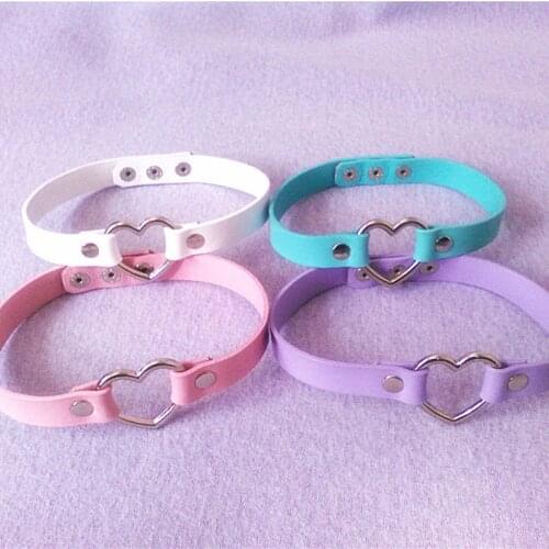 Fashion Women Men Kawaii Punk Goth Button Jewelry Real Leather Handmade Heart Choker Collar Metal Chain Necklace Belt