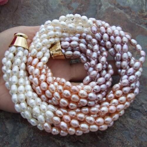 YYGEM Natural 18'' 8 Strands Cultured White Pink Purple Color Rice Freshwater Pearl Torsade Necklace