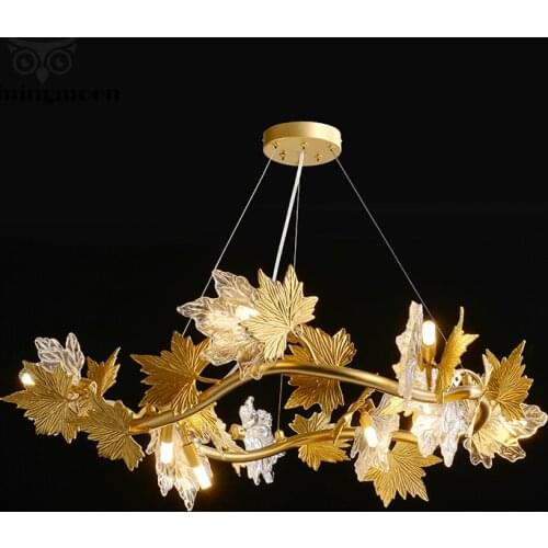 Nordic Deluxe Golden Maple Leaf Art Chandelier Lighting Modern French Country Lustre Cristal Hanging Lamp Rustic Bar Decor Lamps