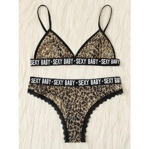 Sexy Lingerie Leopard Print Letters Bikini Suit Porno See-through Bra Panties Set Exotic Flirting Apparel Sex Outfits for Women