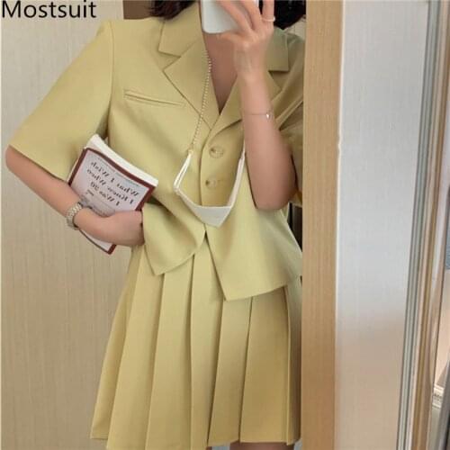 Stylish Women Skirt Suits Single Breasted Jackets & High Waist A-line Mini Skirts Set Korean Workwear Female 2 Pieces Blazer Set