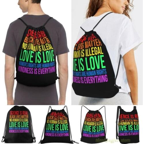 Love Kindness Science Black Lives Lgbt Equality Men Outdoor Travel Gym Bag Waterproof Drawstring Backpack Women Fitness Bags