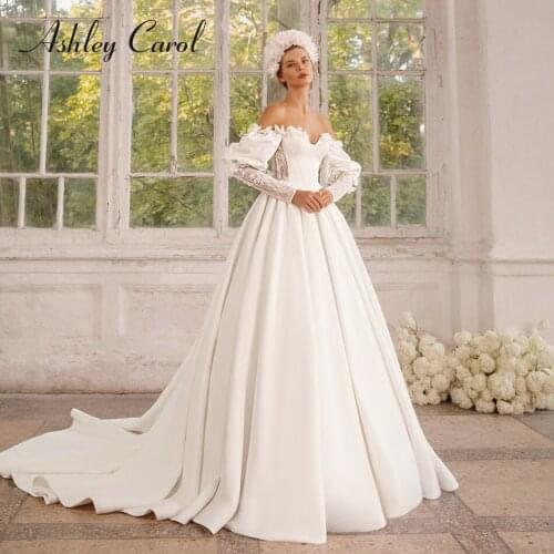 Ashley Carol A-Line Wedding Dress 2021 Charming Beaded Flower Sweetheart Satin Bride Lace Puff Sleeve Princess Bridal Gowns