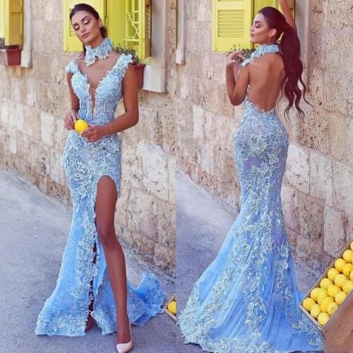 Light Sky Blue Prom Dresses Sexy Backless off shoulder Mermaid Evening Gowns Sexy High Split Formal Party Dress