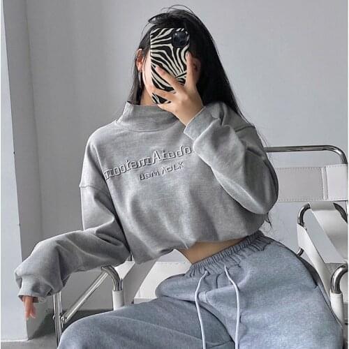 TVVOVVIN Turtleneck Long Sleeve Short Open Navel Pullover Sweatshirt Letter Embroidered Loose With Ruched Tops 9N2W