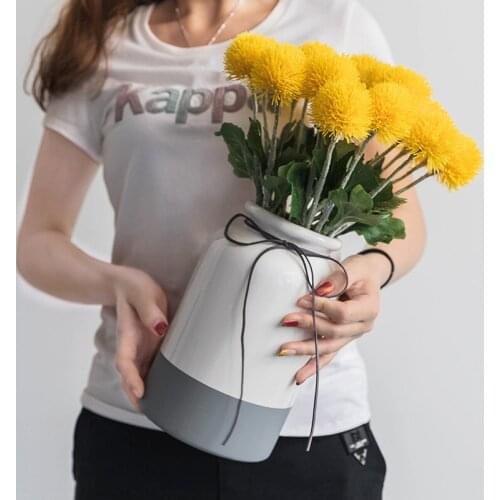 1pc Modern Flower Vase White and Grey Ceramic Vase with Bowknot Home Decor Flower Filler Pot