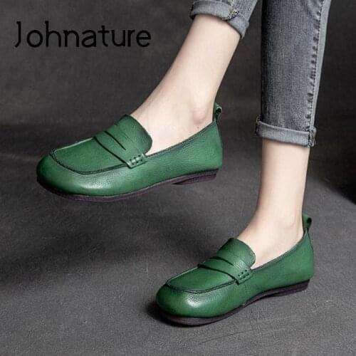Johnature Flats Women Shoes 2021 New Autumn Lace-Up Shallow Concise Round Toe Casual Handmade Comfortable Leisure Ladies Shoes
