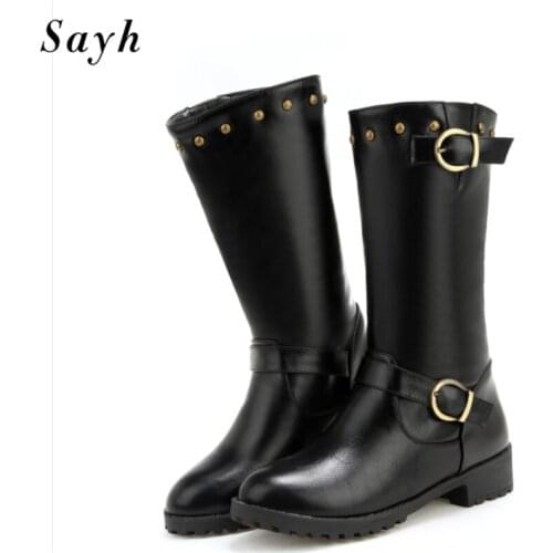 Winter Woman Retro Mid Calf Boots Round Toe Metal Buckle Rivet Casual Stretch Martin Bootie Pu Leather Shoes Size34-46