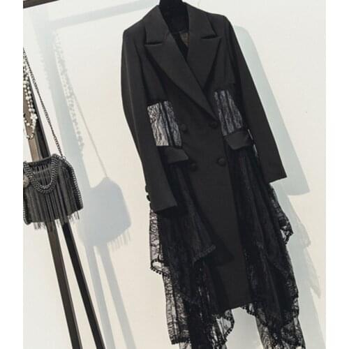 Korean Spring Lace Patchwork Mesh Asymmetrical Womens Blazer Double Breasted Lapel Medium Length Female Fashion Coats Plus Size