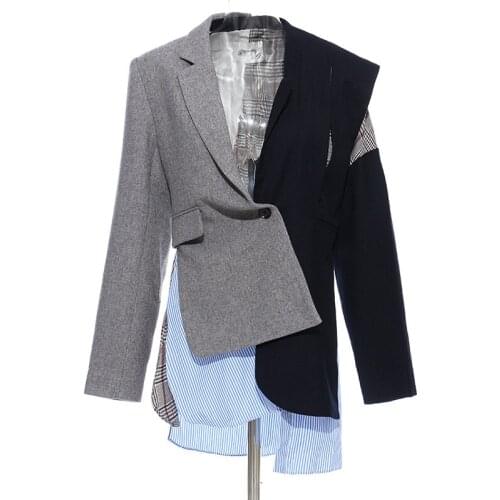 Women Long Wool Blazer Colorblock Single Button Asymmetrical High Street Blazer Coat
