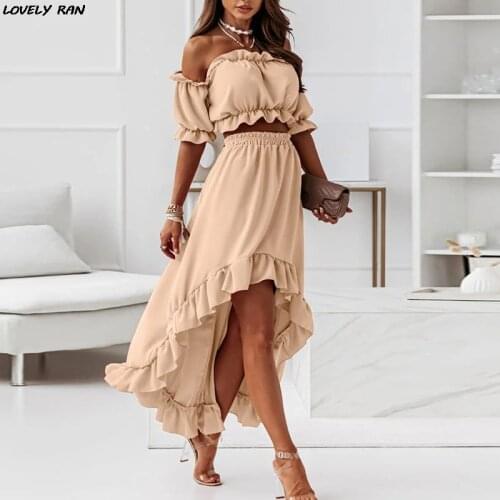 Womens Off Shoulder Ruffled Solid Khaki Skirt Set Ruched Short Sleeve Tops Asymmetial Skirts Elegant Ladies Beach Vacation Suit