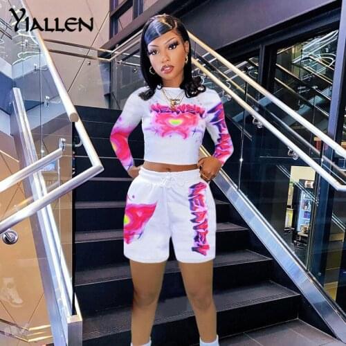 Yiallen Summer Sporty Tracksuit Women Two Piece Set Letter Print Patchwork Stretch Tops+Double Shorts Workout Matching Outfits