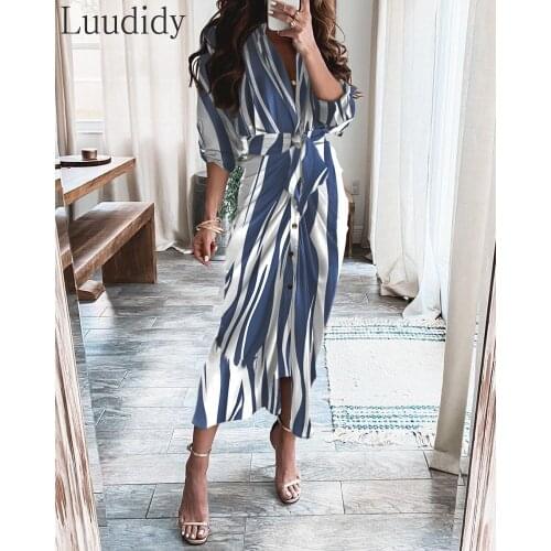 Women Elegant Print Ruched Button Design Irregular Maxi Dress