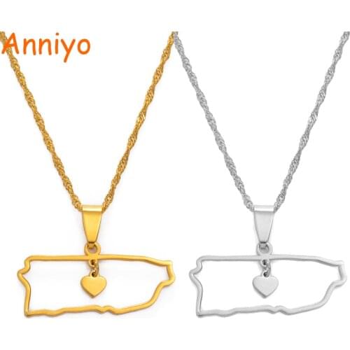 Anniyo Heart Puerto Rico Pendant Necklaces Gold Color PR Puerto Ricans Map Jewelry Party Gifts #145121