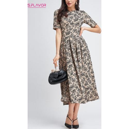 S.FLAVOR Women Printing Summer Dress Elegant Short SLeeve O-neck Slim A-Line Vestidos De Bohemian Style Women Casual Sundress