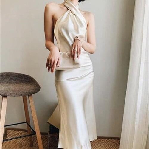 Womens Party Dress Solid Color Open Back Halter Neck Slim Zipper Bag Hips Sexy Autumn Dress For Female