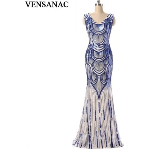 VENSANAC 2018 V Neck Sequin Long Mermaid Evening Dresses Vintage Tank Party Lace Pattern Zipper Back Prom Gowns