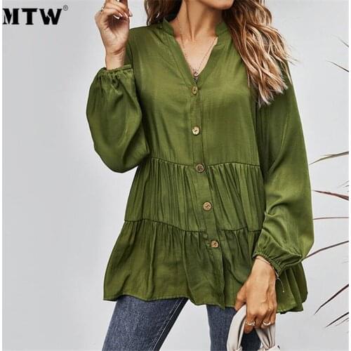2020 Autumn Cotton Blouse Shirt Elegant Solid Office Shirts Casual Long Sleeve V-Neck Tops Vintage Loose Blouses