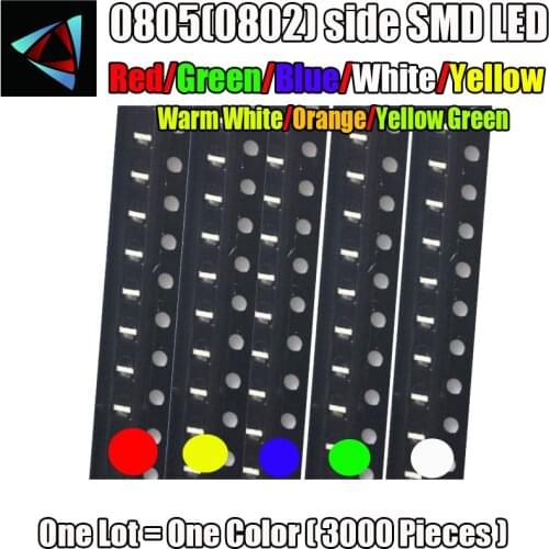 3000pcs Side SMD 0805 (0802) LED White Red Green Yellow Blue Warm White Yellow Green Orange Light Emitting Diode Assorted Kit