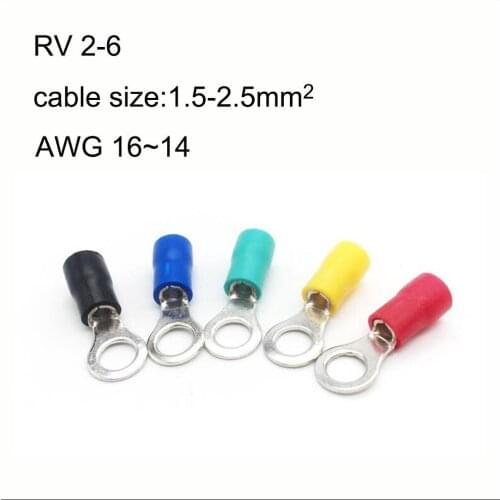 500PCS copper insulated ring terminal RV2-6/10/3/4/5/6/8/12 AWG16-14 Imax 27A 1.5-2.5mm2 Cold pressed terminal O type