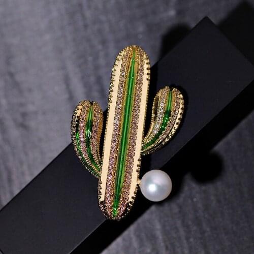 New Trendy Fashion Plant Pearl Cactus Shape Brooch For Women Denim Jackets Lapel Pins Sweater Bride Kid Jewelry Accessories