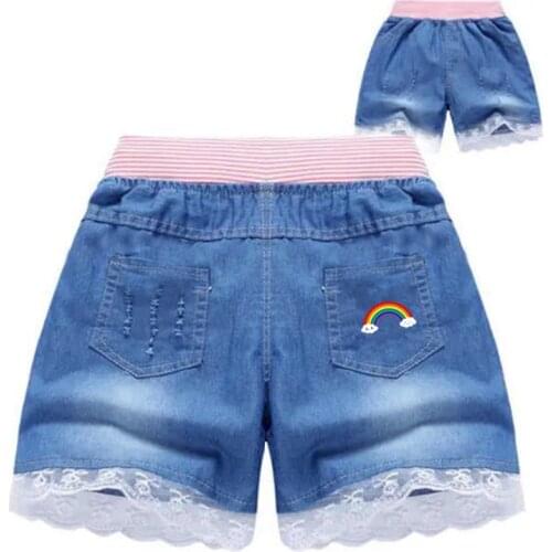 Girls Denim Shorts Teenage Girl Summer Lace Pants Kids Bow Clothes Children Flowers Jean Short For Teenager