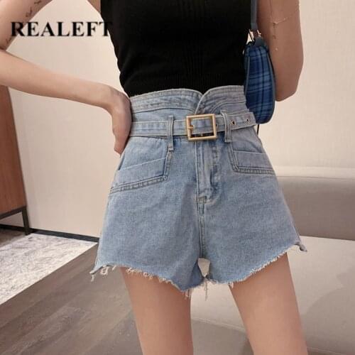 REALEFT Spring Summer High Waist Denim Shorts with Belted 2021 Women Casual Loose Ladies Fashionable Pocket Female Jeans Shorts