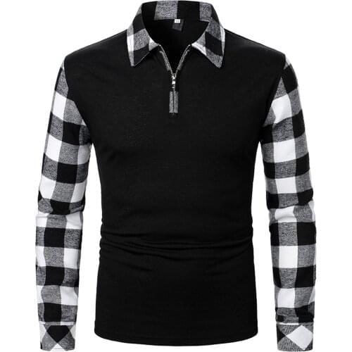 Mens T-Shirts Autumn Color Matching Plaid Casual Fashion Design Zipper Lapel Long Sleeve Top Streetwear Blouse