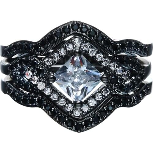 Hainon Trendy Black Gold/Silver Color Rings Bridal Sets Fine Pave Zircon Jewelry Unique Design Wedding Engagement Ring Sets