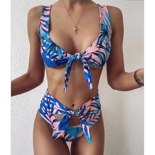 Bow Floral Bikini Push Up Swimsuit Women Hollow Out Biquini 2020 Swimwear Bandage Bathing Suits Print Biquinis Thong Bikini Set