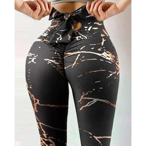 Back Bow Knot Yoga Leggigns Casual High Waist Push Up Yoga Pants Printed Womens Sweatpants Workout Fintess Slim Fit Tights