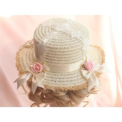 Rose Flower Flat Hat Mori Girl Summer Straw Hats Beach Sun Cap Lolita Princess Bow Straw Hat Headwear B1328