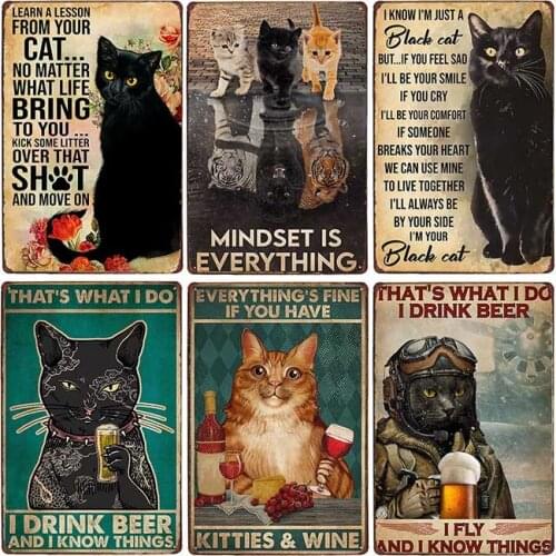 Cartoon Pet Black Cat Metal Art Poster Signs Decoration House Room Wall Plate Cafe Bar Club Plaques Home Decor 20x30CM