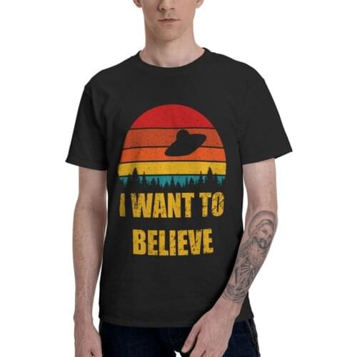 Vintage The X Files TV Series I Want To Believe T Shirt for Men 100% Cotton T-shirts Tshirt Short Sleeve Aliens UFO Area 51 Tee