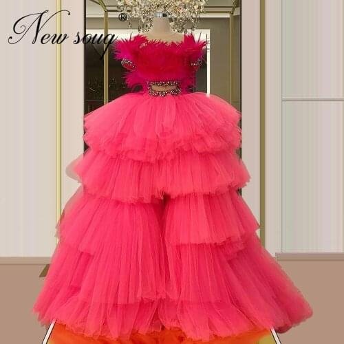 Saudi Arabia Rose Red Beaded Prom Dresses Cloud Feathers Formal Gown Aibye kaftans 2020 Robe Two Piece Evening Dress Dubai Gowns