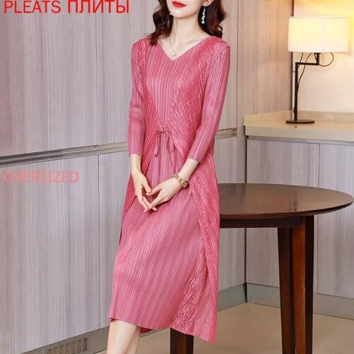 Pleated Dress 2021 Summer High-end New Lace Fake Two-piece Large Size Dress MIYAKE Pleats Shein Vestido De Mujer Robes Robe