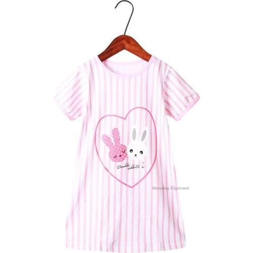 Pink Striped Cute Rabbit Love Girls Nightgowns Pajamas Summer Childrens Clothes Nightshirt Short-sleeved Cartoon Nightdress