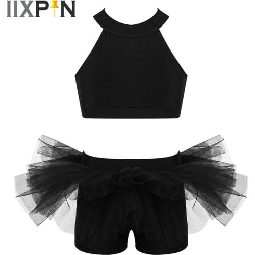 Kids Girls ballet leotards Two-Piece Dancewear Crop Top with Ruffled Bottoms gymnastics leotard ballet Dancing Stage Performance