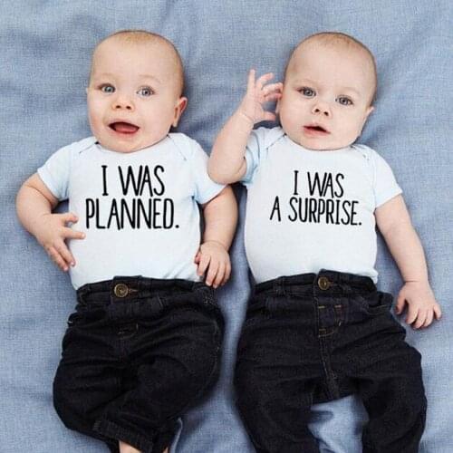 I Was Planned and I Was A Surprise Newborn Baby Boys Girls Cute Romper Infant Twins Siblings Short Sleeve Jumpsuit Outfit