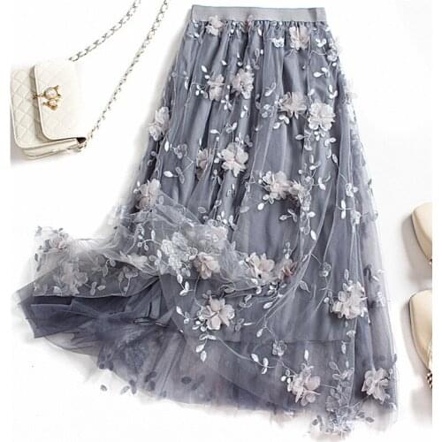 Luxury Woman Skirts 2021New Korean style Fashion Elastic Waist Appliques Embroidery Floral Mesh Skirt Long Gauze Ball Gown Skirt