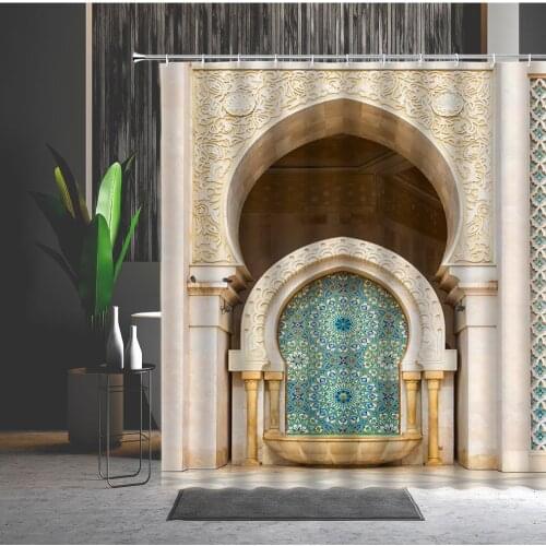 Moroccan Bath Curtain Retro Arched Door Old Fashioned Wooden Door Pattern Waterproof Curtain Bathroom Set With Hooks