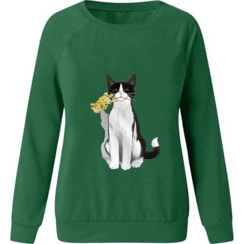 ZOGAA 2021 New Girl T-Shirt Cat Pattern Printing Long-Sleeved Cotton Loose Round Neck Top Suitable For Sports Women’s Streetwear