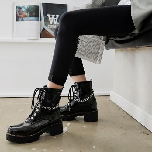 Patent Leather Womens Ladies Ankle Boots Mid Heel Lace Up Worker Army Black Goth Shoes Autumn Sexy Chain High Quality