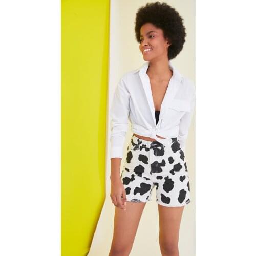 Printed Denim Black White Shorts 100% Cotton Womens Spring / Summer Casual Holiday Street Style