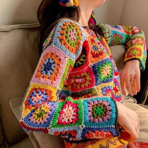 Spring Crocheted Hollow Sweater Women Mexican Handmade Ethnic Style Fall Color Creative Cotton All-Match Blouse Female Clothes